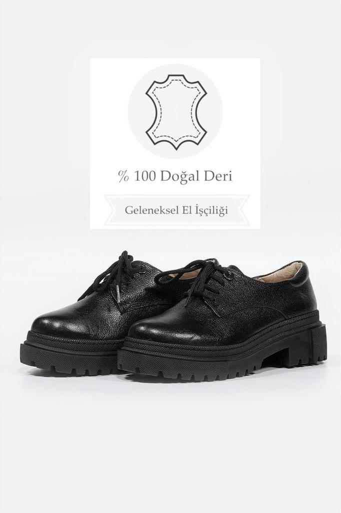 Women's Fashion Genuine Leather Thick Heeled Oxford Black Lace-up Oxford Shoes