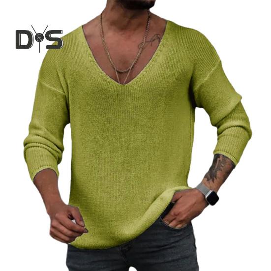 

Мужской свитер с длинным рукавом и V-образным вырезом на весну и осень, свободный крой, однотонный пуловер, топы, простые повседневные трикотажные футболки L зелёный
