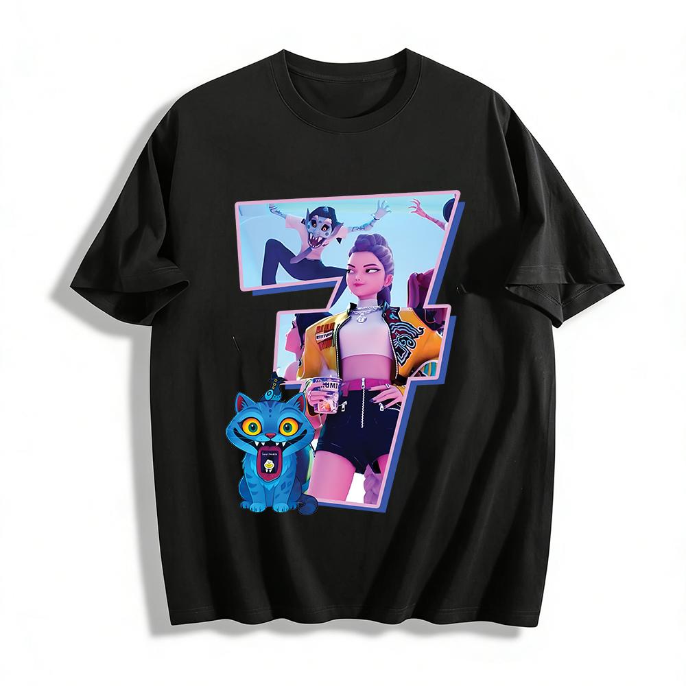 

Cyber Cool Girl Group Cat Print T-shirt Street Style Trendy Loose Casual Unisex Top Pure cotton T-shirt XXS