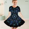 Girls Round Neck Short Sleeve Mandala Printed A Line Flared Dress Black Blue