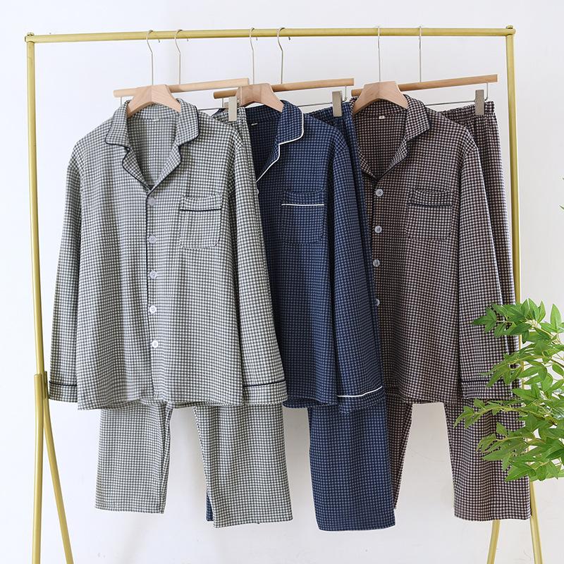 Men's Pajama Set Fall Winter Thick Warm Long Sleeve Tops Pants Pajama Sets Soft Plaid 2 Piece Button Down Lounge Set for Men Lapel Comfort Sleepwear