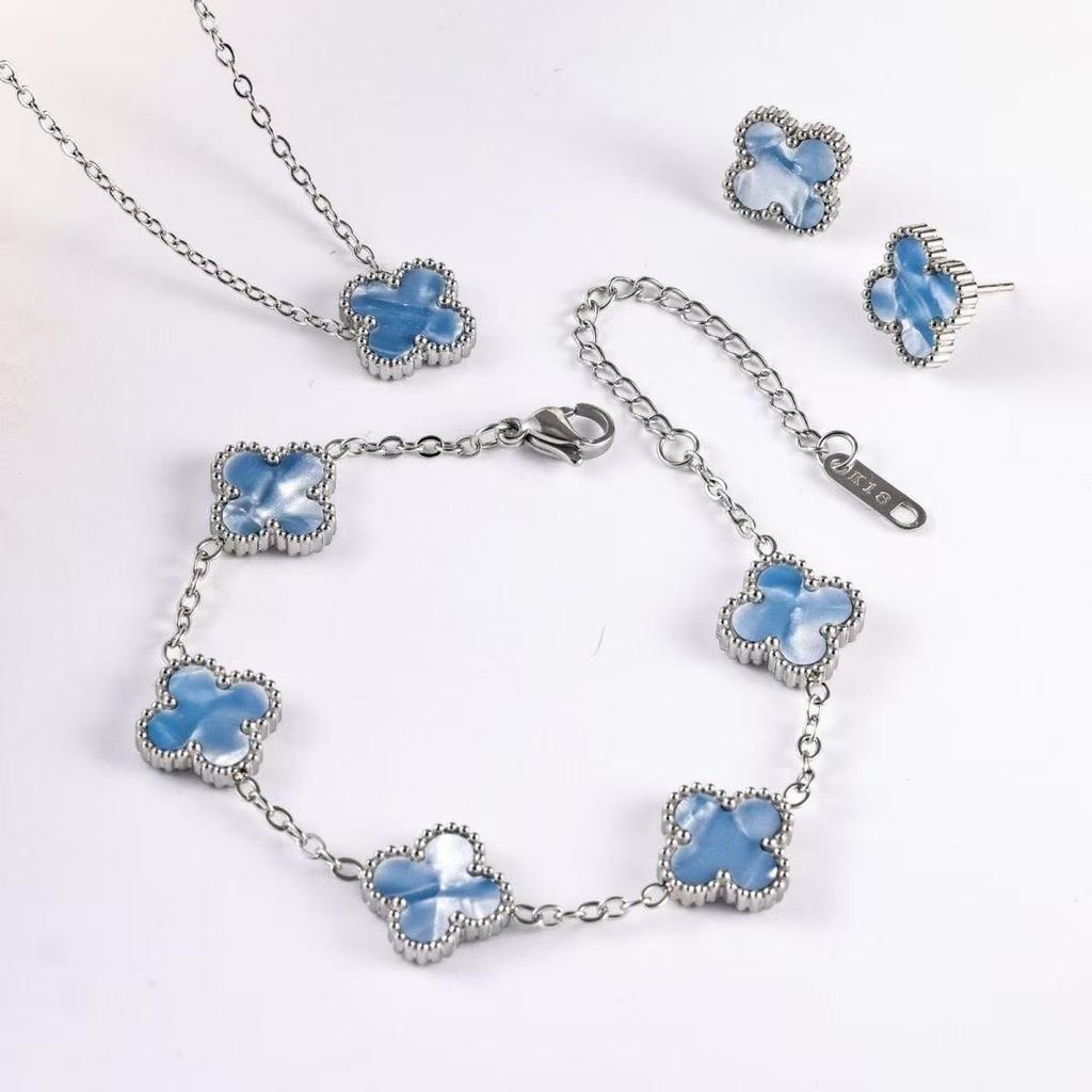 3 pièces collier trèfle bracelet boucles d'oreilles en acier titane à la mode, cadeau luxueux pour la Saint-Valentin et la fête des mères