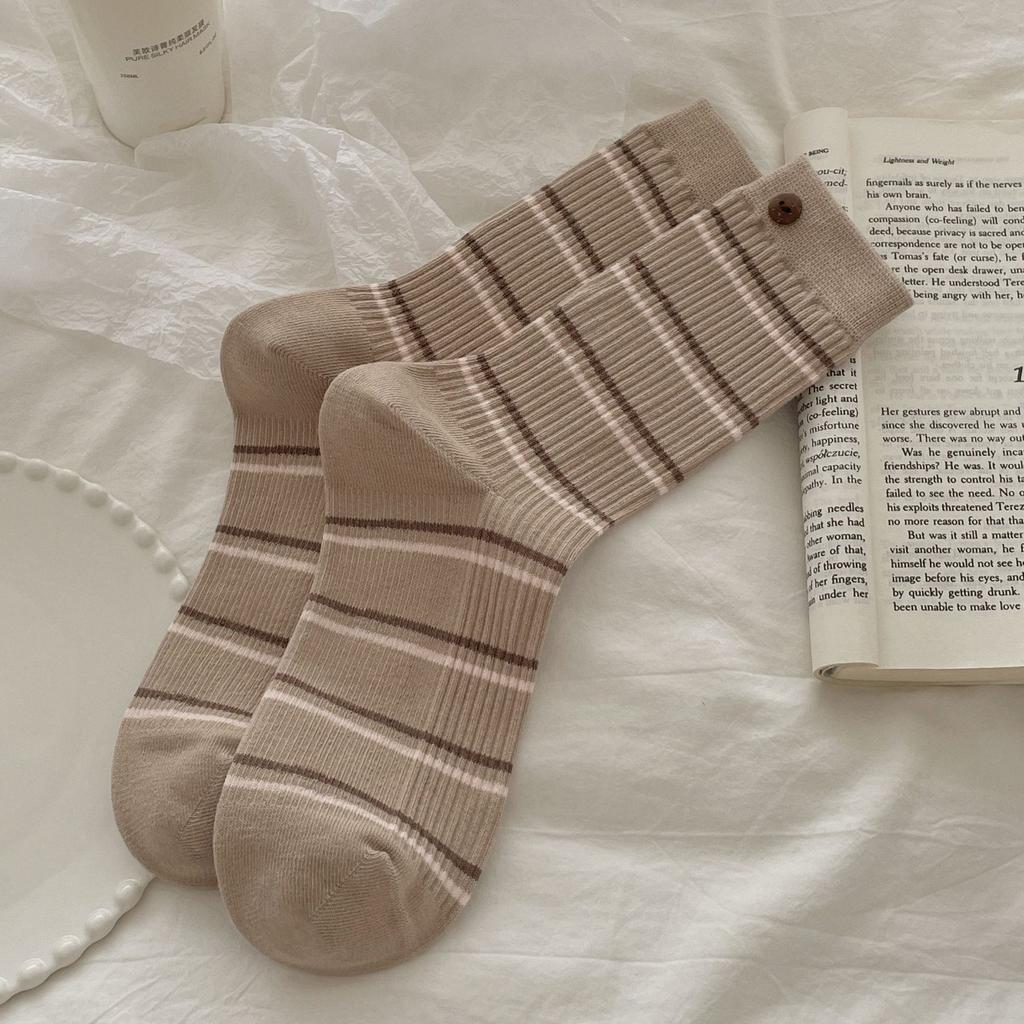 Female Spring and Autumn Cotton Striped Preppy Air Micro Pressure Button Anti Pilling Boneless Tube Socks