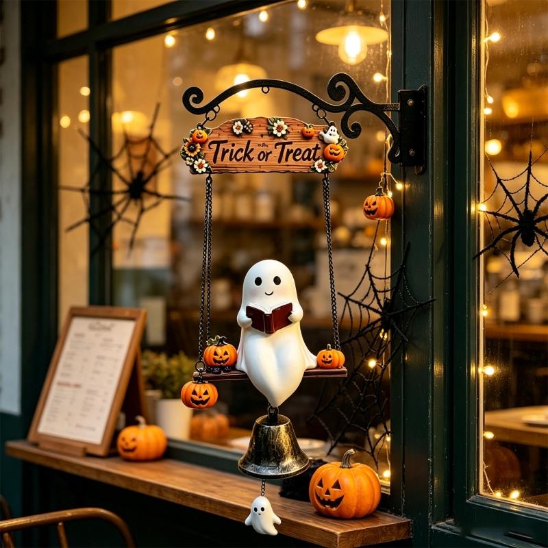 Saisonales Veranda-Hänge-Türklingel-Ornament mit geisterhafter Leser-Buch-Figur, Süßes oder Saures-Schild und Metallglocken-Akzent für den Halloween-Eingang