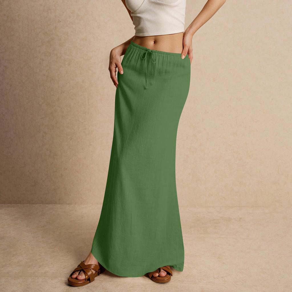 Women's Summer Maxi Skirt Drawstring Low Waist A Line Casual Skirts High Elastic Waisted Bodycon Long Maxi Skirts