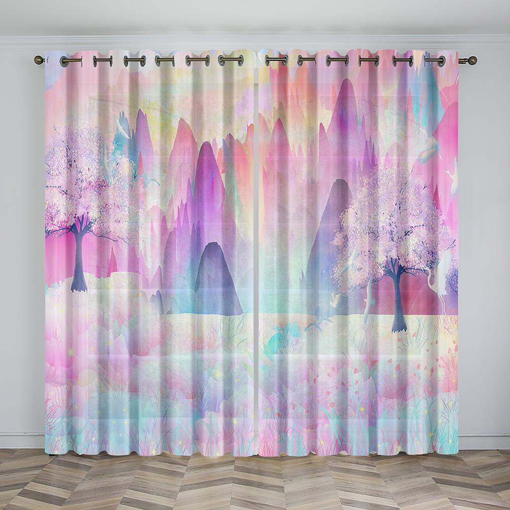 Cherry Blossom Design Curtain Flowers Trees Landscape Sunshade Curtain Living Room Bedroom Home Decoration Thin Curtain 2 Pieces