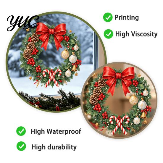 Creative Holiday Gifts Christmas Wreath Window Decals, Removable Stickers with Pine Cone Decorative PVC Wall Bow Berry Poinsettia, Waterproof