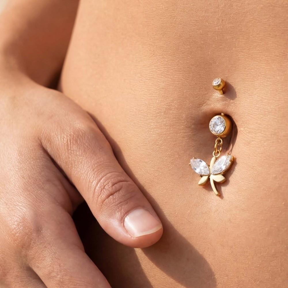 Alloy Rhinestone Piercing Belly Dual Color Shiny Leaf Navel Jewelry Exquisite Dangled Design Flower Rhinestone Belly Ring Beach