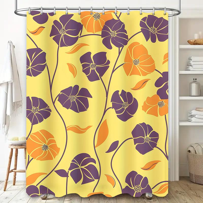 Yellow Purple Floral Print Shower Curtain Modern Decor for Bathroom Customizable Size Available On