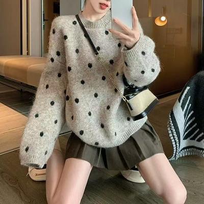 Rundhals-Pullover Locker Gepunkteter Strickpullover für Damen Neuer Herbst- und Winter-Lässiger Stil Retro-Pullover