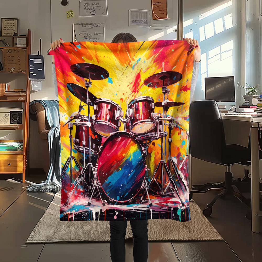 1Pc Drum Set Print Flannel Blanket, High Quality Comfortable for All Seasons, Home Decor, Warmth and Comfort, Perfect for Gifts