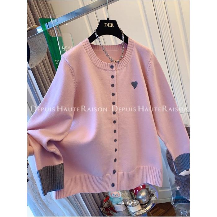 

2025 Autumn/Winter Plus Size Heart Button Color Block Two-Piece Cardigan Size 3 (for 160-200 Jin) рожевий