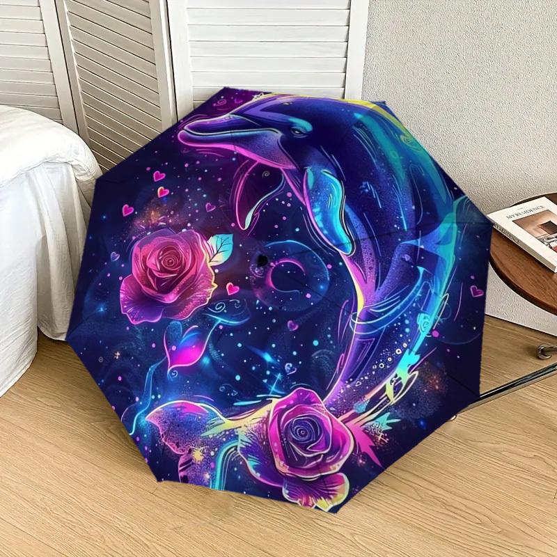 1pc Neon Dolphins Roses Heart Umbrella with Plastic Handle,Suitable for All Seasons Home Travel Outdoor UmbrellaDD420