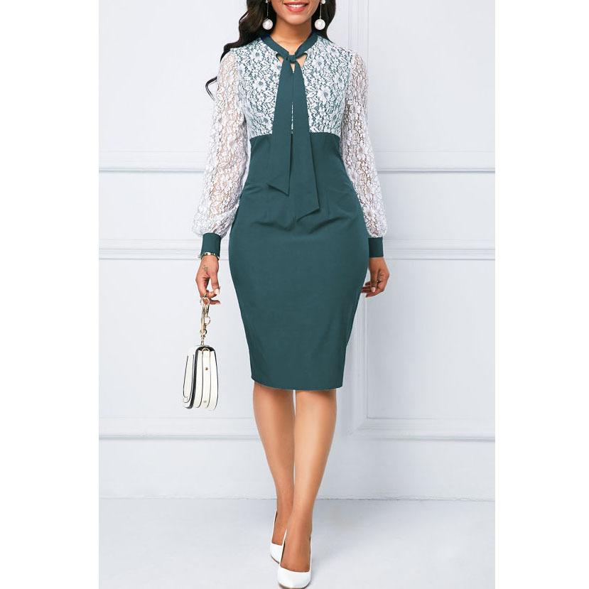 Plus Size Women's Lace Long Sleeve Bodycon Dress Elegant High Waist Patchwork Midi Office Dress