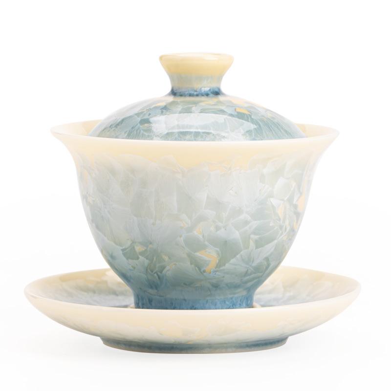Crystal Glaze Sancai Cover Bowl Gongfu Tea Set Anti Scald Ceramic Gaiwan for Chinese Tea Ceremony Home Use Handmade Gift