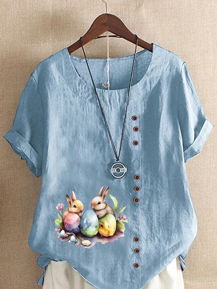 Women's Fashion Rabbit Print Casual Cotton Linen Short Sleeve Round Neck T-shirt Shirt Leisure Loose Summer Blouse Tops