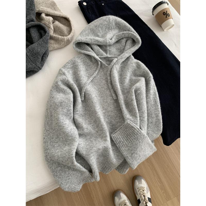 

Grey wool knit hoodie women s thermal hooded sweater one size fits all серый
