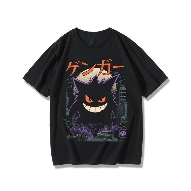 Miniso Pokémon Anime Snorlax Peripheral Printed Cotton Black Tshirt Mens and Womens Loose Harajuku Casual Short Sleeved Top