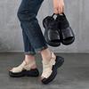 Johnature Sandálias Leves de Sola Grossa com Peep Toe Versátil Casual Couro Genuíno Sola Macia Sapatos Femininos