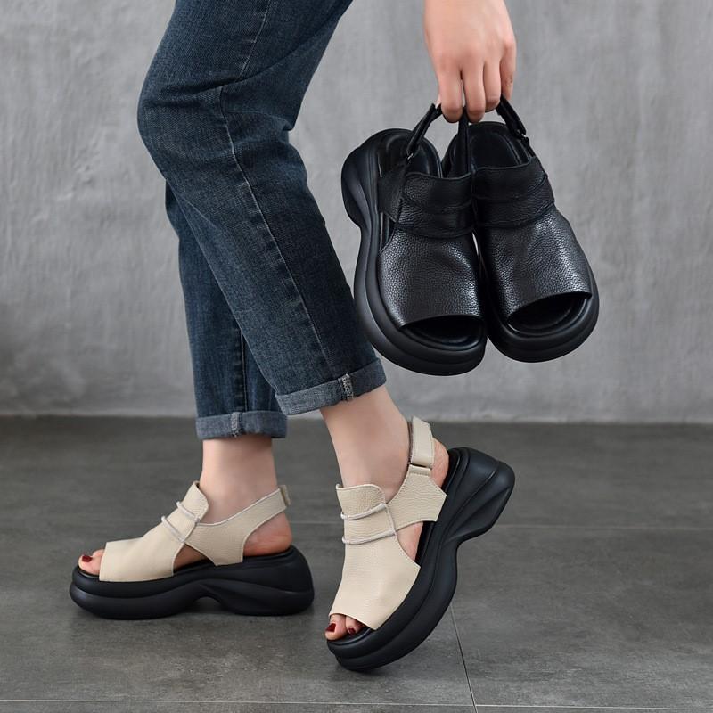 Johnature Sandálias Leves de Sola Grossa com Peep Toe Versátil Casual Couro Genuíno Sola Macia Sapatos Femininos