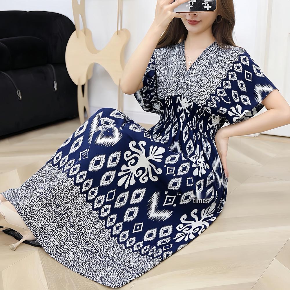26-Year Floral V-Neck Cotton Silk Batwing Sleeve Beach Dress - Thailand Travel & Vacation Skirt Style