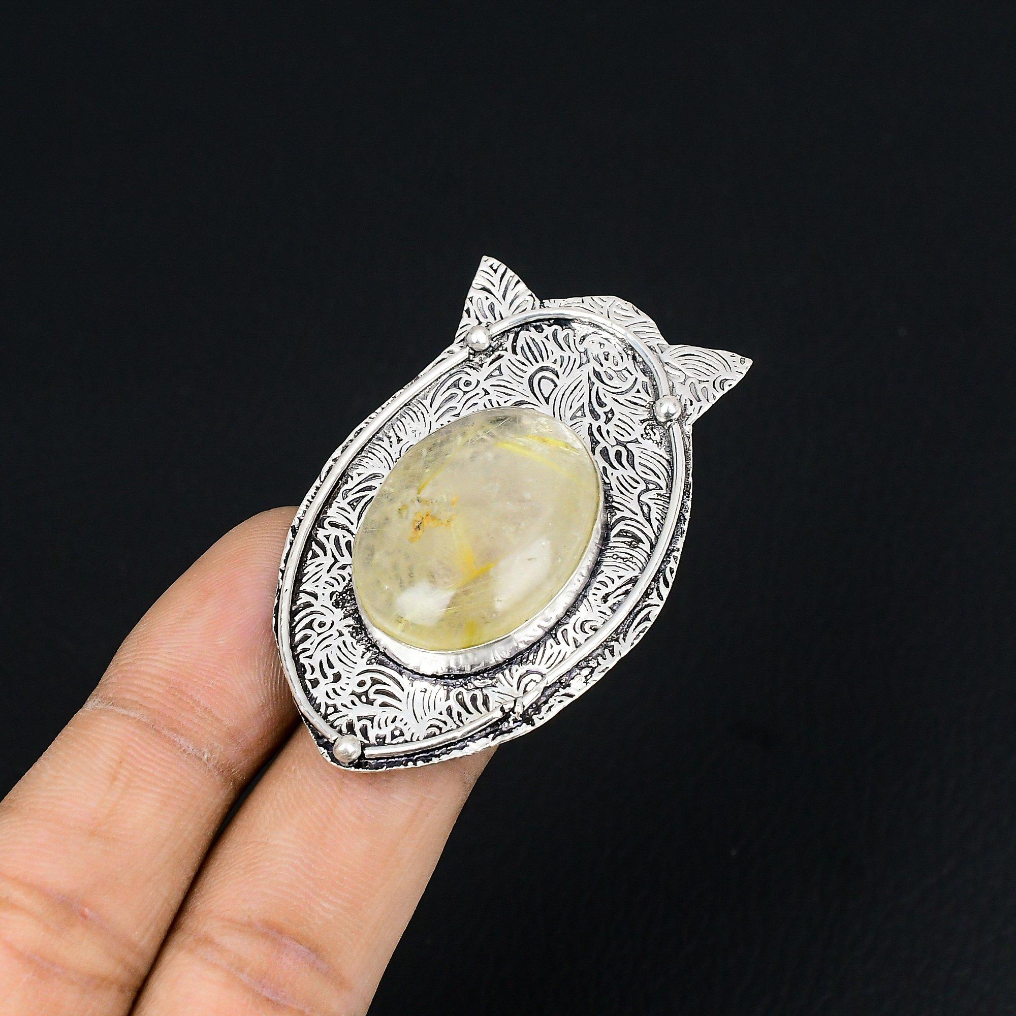 925 Silver Golden Rutile Stone Birthday Promise Statement Ring Jewelry US 6.5 6.5