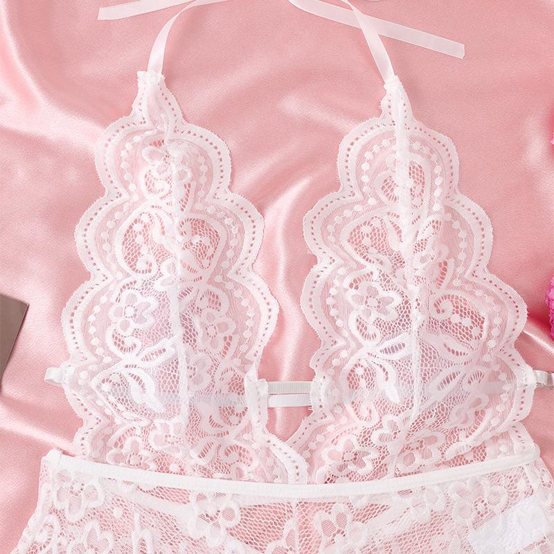 White Backless Crotchless Sexy Lingerie Hollow Bodysuit Teddy Babydoll Dress Deep V Open Erotic Costume Lace Porn Underwear Set