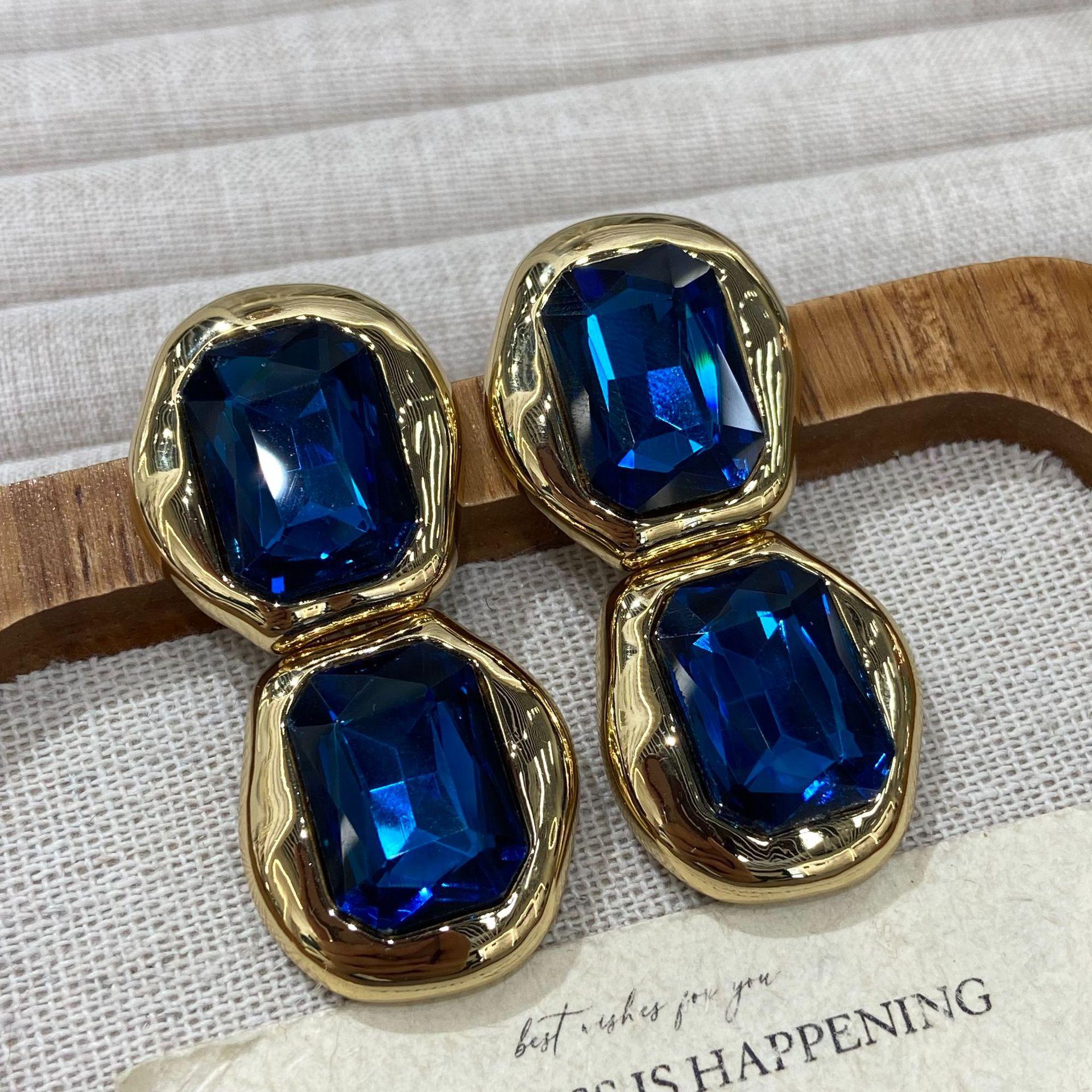 Light Luxury Elegant Temperament Geometric Square Blue Purple Glass Gemstone Earrings Fashionable High-End Earrings Women