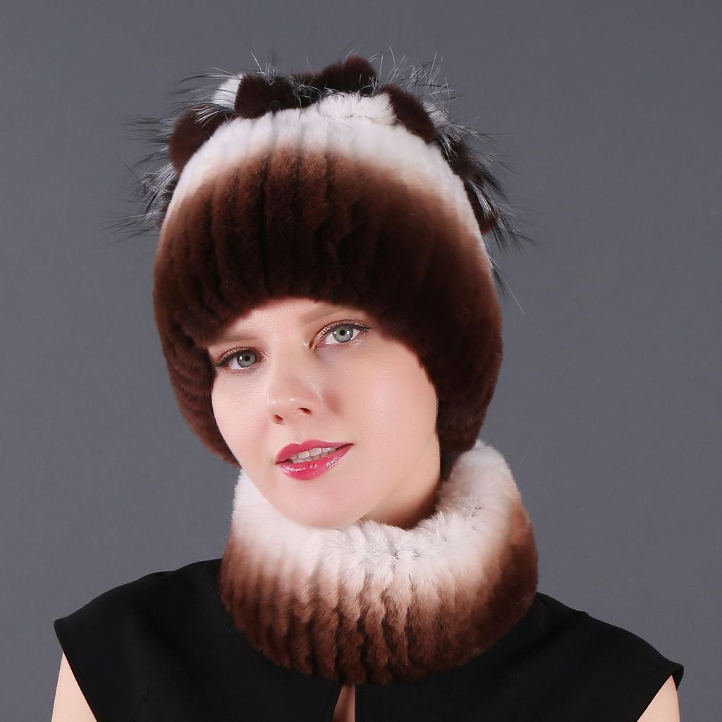 Women's New Rex Rabbit Short Dye Plus Black Fox Hair Hat Scarf Two-piece Set, Winter Warm Woven Fur Hat