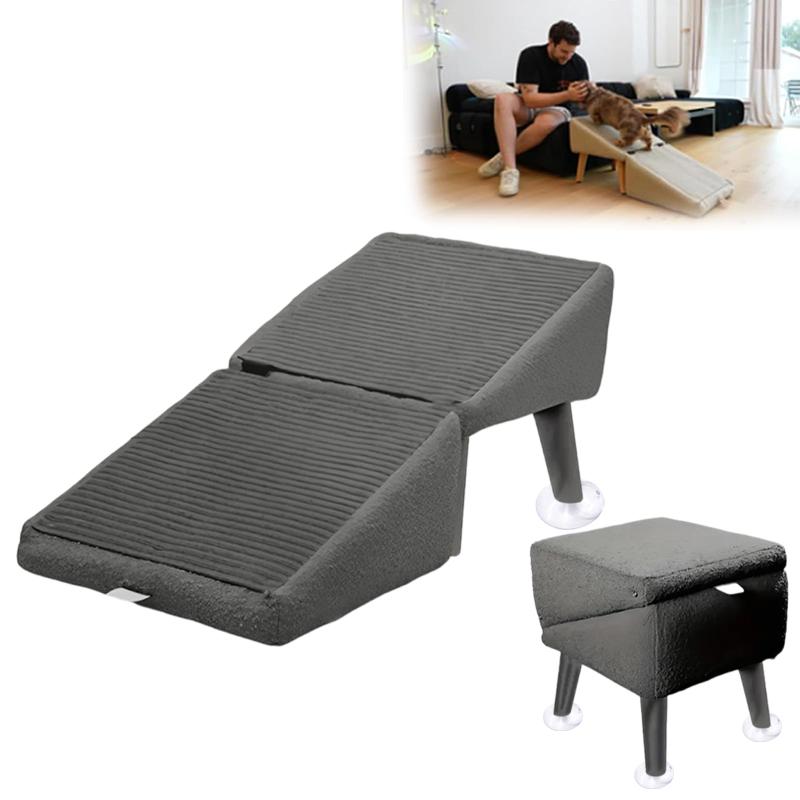 2-In-1 Convertible Wooden Home Step Stool Dog Ramp Stairs With Anti-Slip Panels And Suction Cups