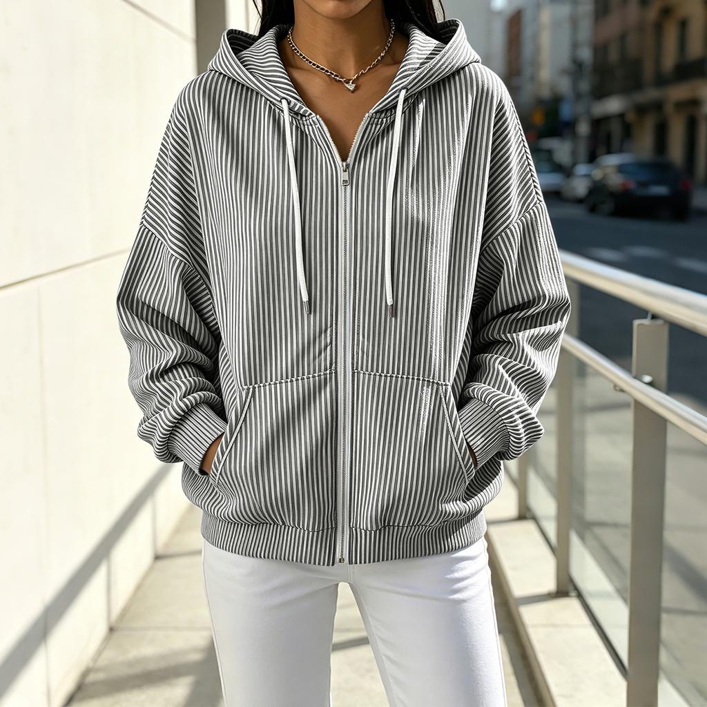 Women's Casual, Loose-Fitting, Striped, -Lined, Hooded Cardigan with Zipper