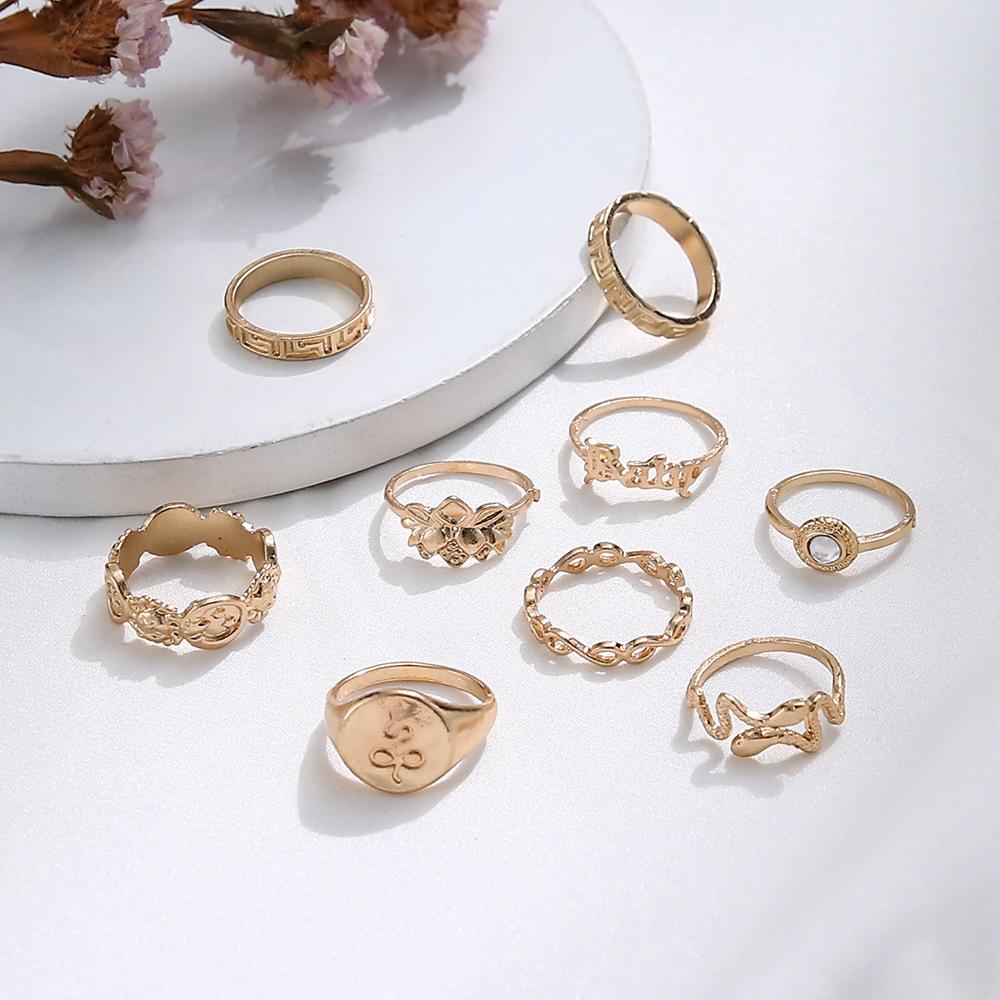 Bohemian Fashion Engraved Pattern Ring Personality Trend Hollow Snake Letter 9 Piece Set Ring Women