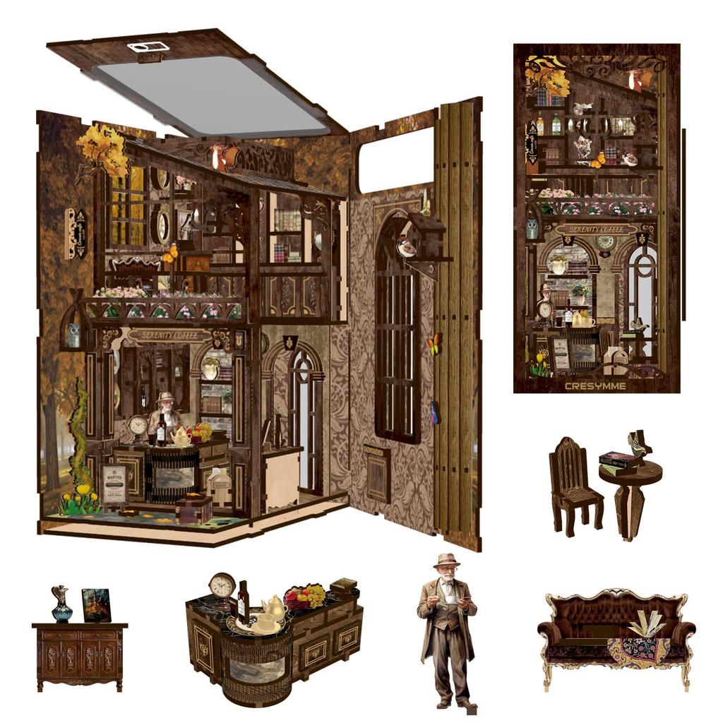CRESYMME Miniature House Dollhouse Book Nook Kit, Wooden DIY 3D Hobby Handmade (Silent Cafe)