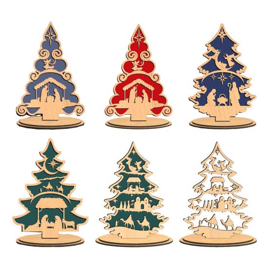 Christmas Tree Table Sign Decoration Farmhouse Rustic Jesus Nativity Wooden Ornament with Base Home Office Bookshelf Desktop Decor