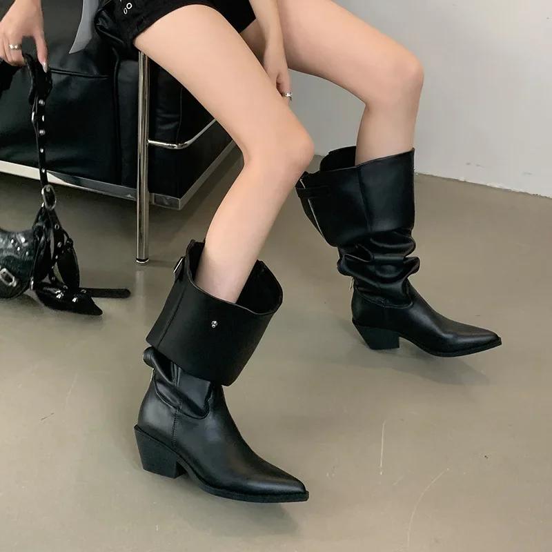 Retro Suede Leather Pleated Buckle Belt Zipper Women Knee High Boots Pointed Toe Thick Heels Western Cowboy Shoe 2 Ways To Wear