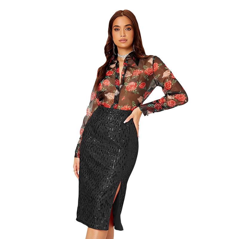 Short skirt, hot girl INS style skirt, summer women s elegant fitted pencil skirt, slit sequin skirt for women S