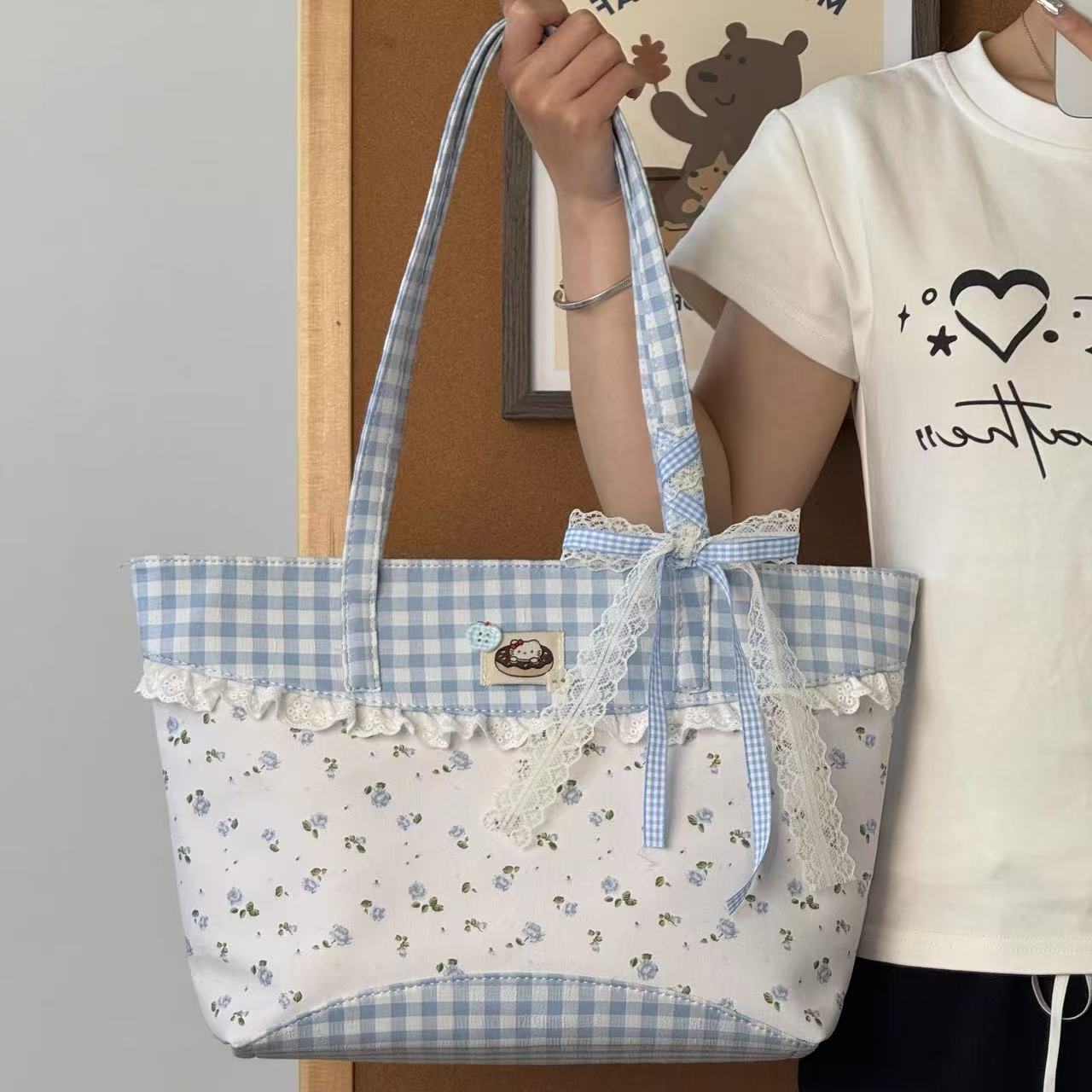 

JIAERDI Sweet Cute Pink Plaid Tote Bag Women Harajuku Romantic Lace Detail Shoulder Bags Female Large Capacity Casual Handbag 31x27x10cm синий