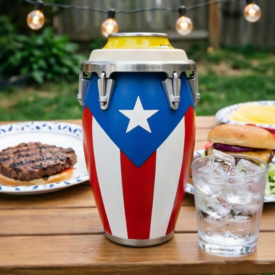 Puerto Rican Flag Conga Style 3D Printed Can Holder, Beverage Insulator, Lightweight 12oz Can Cooler for Parties Beaches Barbecues Caribbean Gift