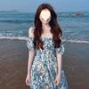One-word Shoulder Off-the-shoulder Long Dress Floral Dress Summer New Sanya Travel Seaside Vacation Beach Dress