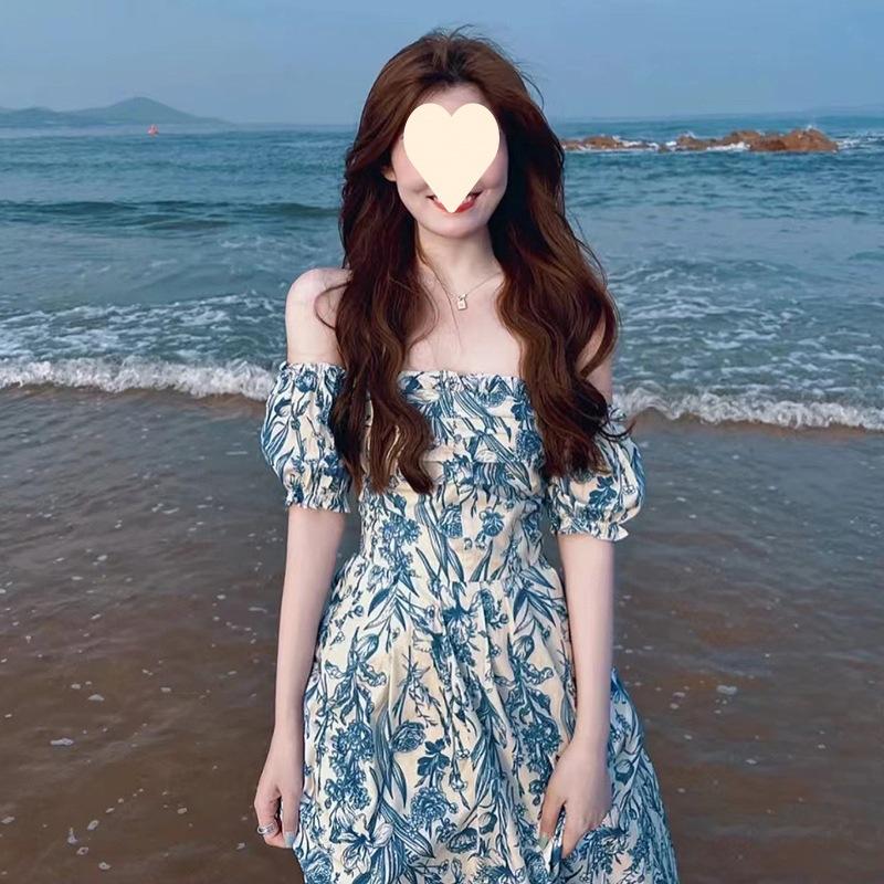 One-word Shoulder Off-the-shoulder Long Dress Floral Dress Summer New Sanya Travel Seaside Vacation Beach Dress