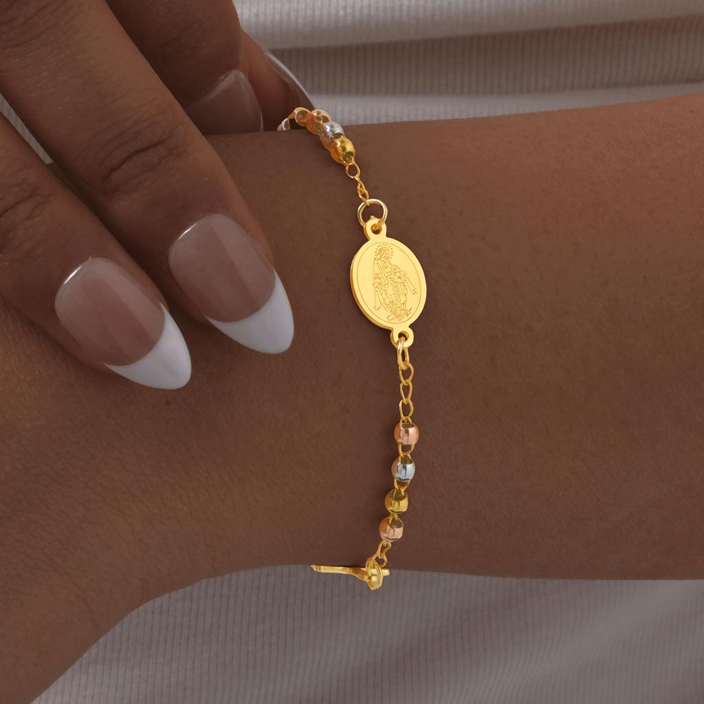 Three-color Holy Rosary Cross Bracelet for Women,Round Bead Stainless Steel Gold Color Bracelet,Virgin Mary Christianity Jewelry