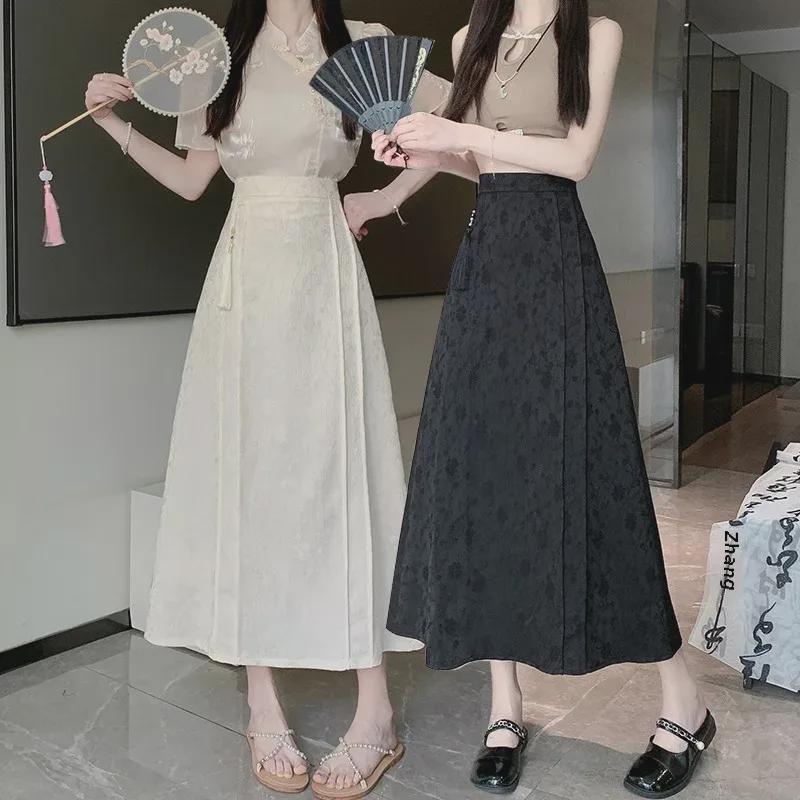 2024 Summer New Chinese Style High-Waist Retro Jacquard A-Line Skirt