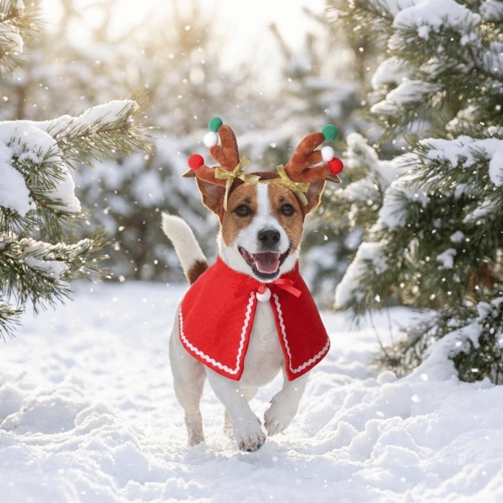 2PCS/Set Lightweight Dog Antlers Headband Warm Pet Christmas Cloak Set Pet Holiday Outfit Pet Party