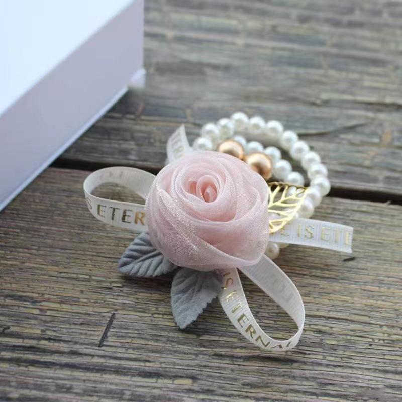 Elastic Pearls Wrist Corsage Adjustable Bridesmaids Bracelet Small Rose Flower Wristband for Weddings and Parties