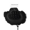 Feathered Trim Western Hat with Rhinestones Studded for Music Festival Cosplay Costume Headwear Carnivals Party Accessory