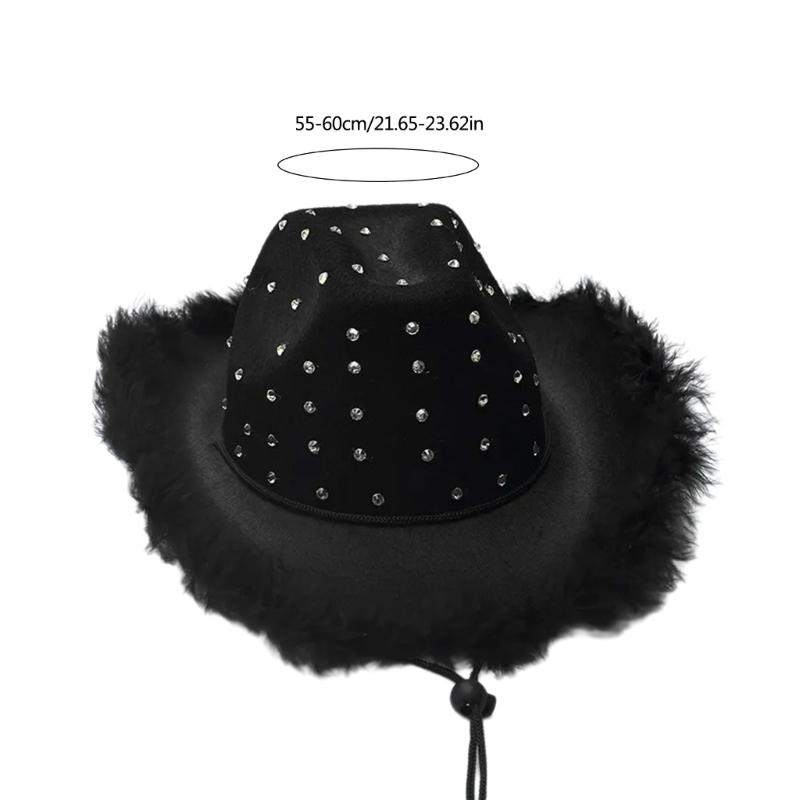 Feathered Trim Western Hat with Rhinestones Studded for Music Festival Cosplay Costume Headwear Carnivals Party Accessory