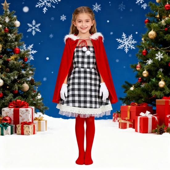 Weihnachtskostüm für Frauen Mädchen Kariertes Kleid mit rotem Samtumhang Strümpfe Handschuhe Set Weihnachtself Cosplay Outfit