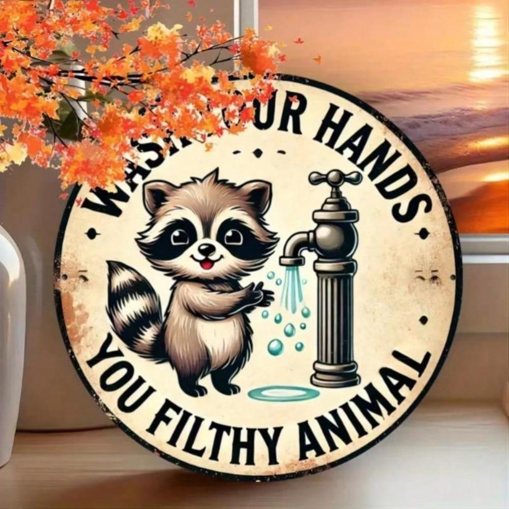 Raccoon Washing Hands Metal Sign Vintage Round Wall Art Rustic Iron Decor