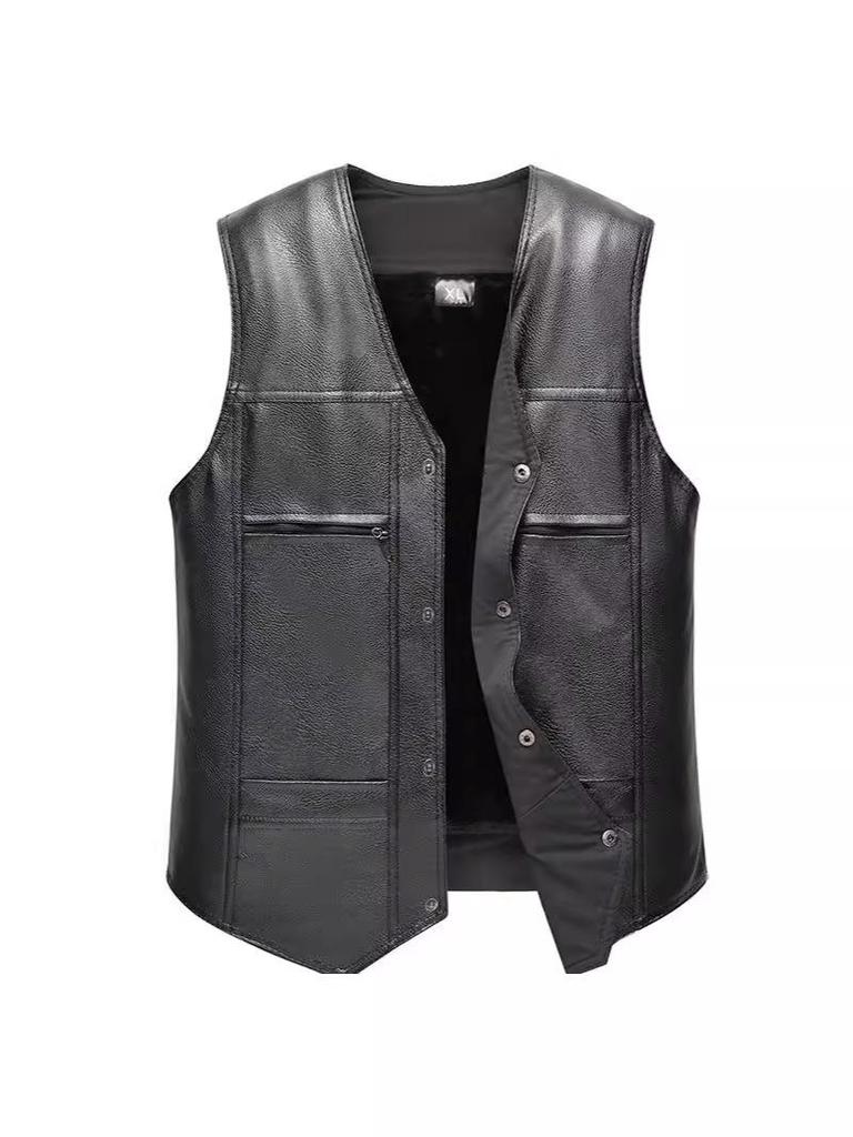 Men's Winter Leather Vest with Sloping Shoulder and Plus Velvet, Casual Warm Plus Size Waistcoat