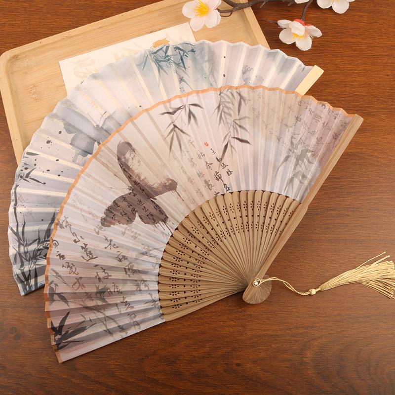 1pc Chinese Style Bamboo Folding Fan Butterfly Pattern Hand Fan With Tassel For Wedding Dance Party Home Decor
